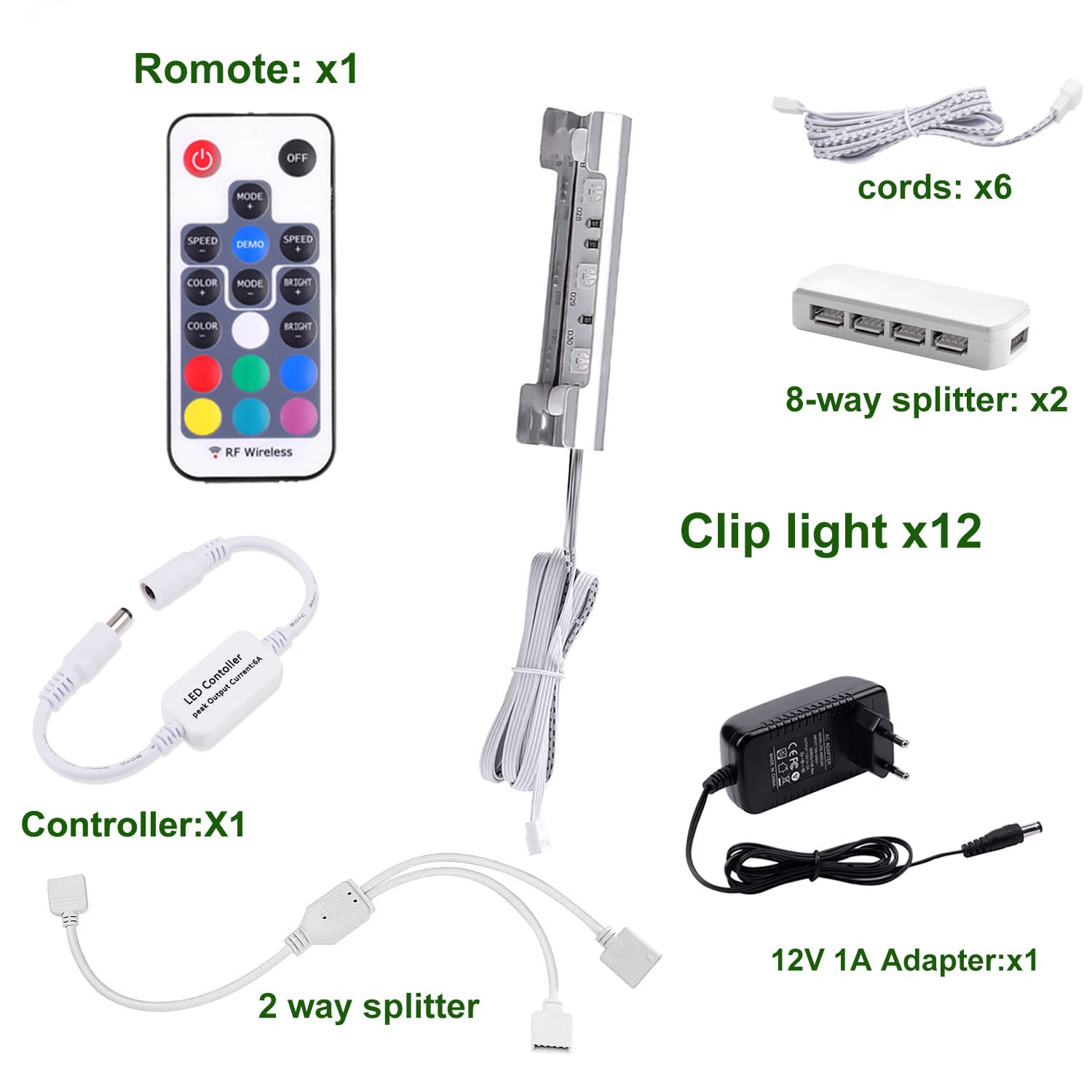 AIBOO LED Glasbodenbeleuchtung Farbig 12er Set,Clips Glaskantenbeleuchtung RGB Farbwechsel Vitrinenbeleuchtung,LED Schrankbeleuchtung Vitrine mit Fernbedienung