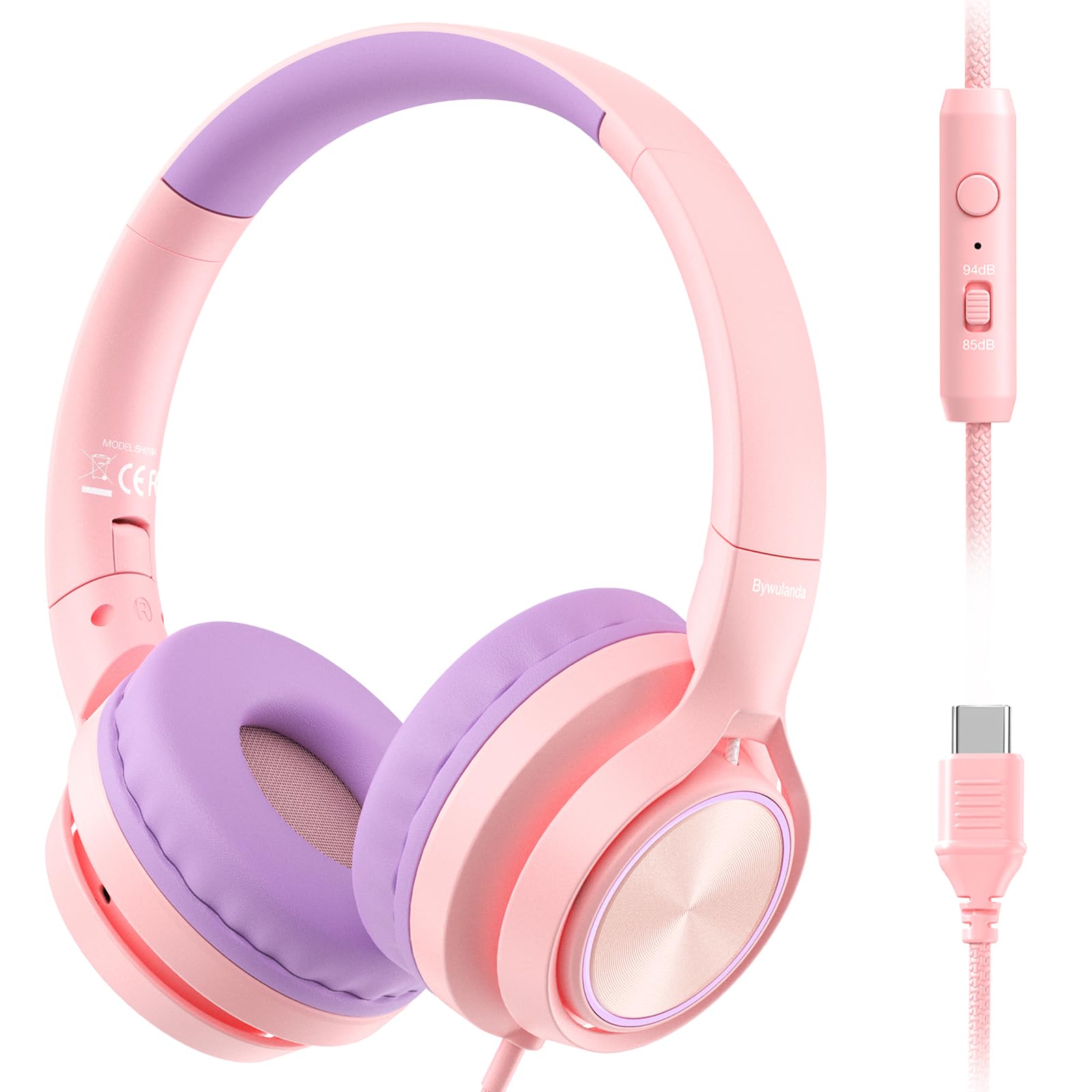 Bywulanda Upgrade USB-C Kid Headphone with Microphone, Safe Volume Limiter 85/94dB, Foldable Over Ear Wired Headphones for Toddlers/Boys/Girls/School/iPad/Laptop/Travel