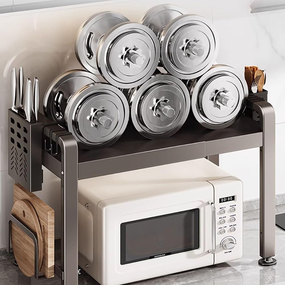 Extendable Microwave Stand Carbon Steel Storage Shelf for Kitchen Organizer Bakers Racks with Hooks and Cutting Board Stand