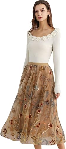CHICWISH floral embroidered tulle midi skirt