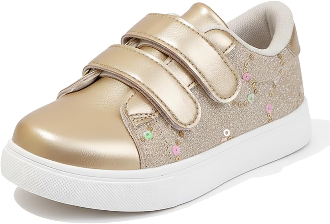 Girls' Casual Sneakers with Adjustable Hook & Loop | Sparkly Glitter Fashion Shoes for Kids | Easy On/Off for School,Walking & Play (Little & Big Kids) Gold