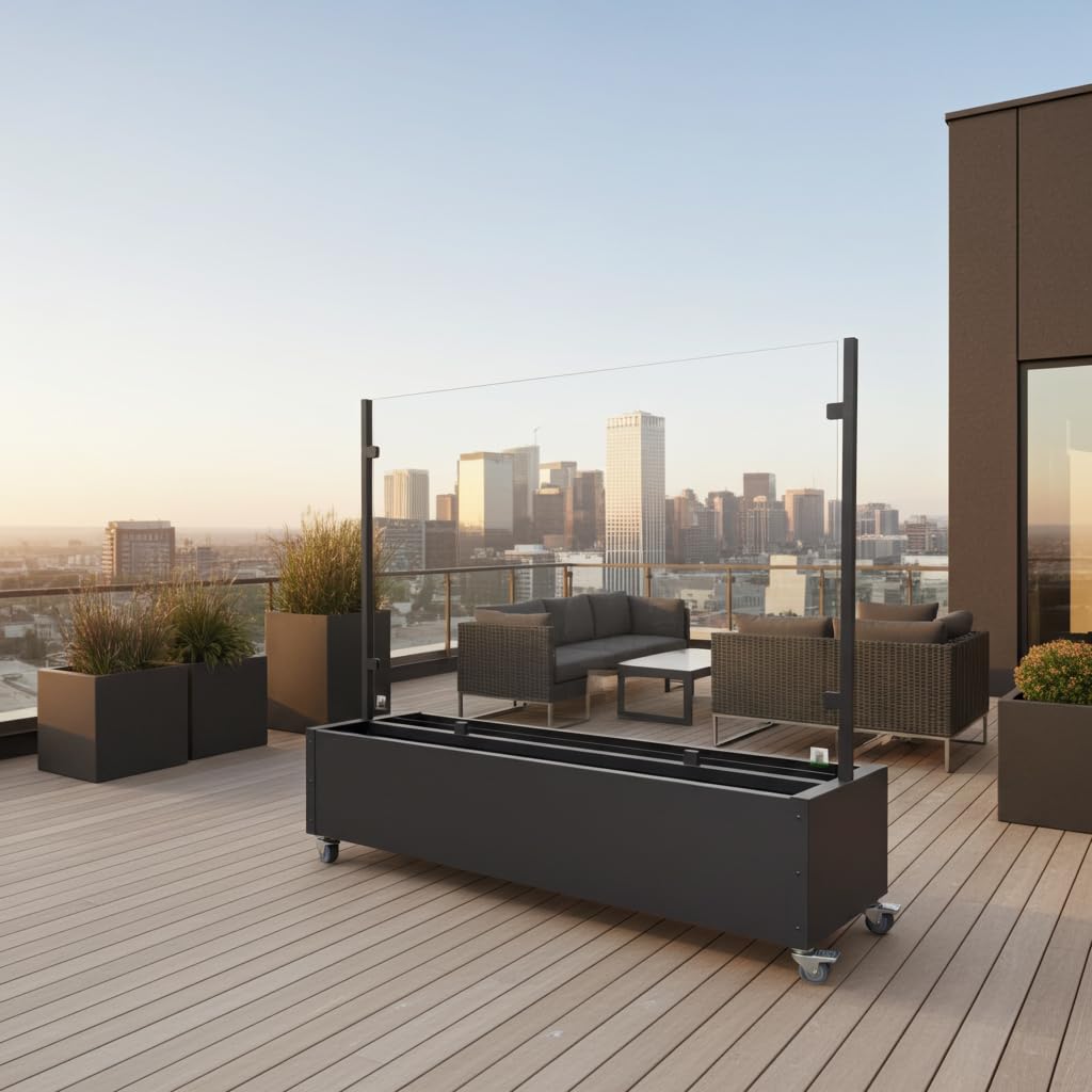 Windschutz mit Pflanzkasten 196 cm mobil mit 4 Rollen – Glas Sichtschutz Terrasse Balkon Garten – Aluminium anthrazit – wetterfest & UV-beständig – moderner Raumteiler Outdoor (Scheibe transparent)
