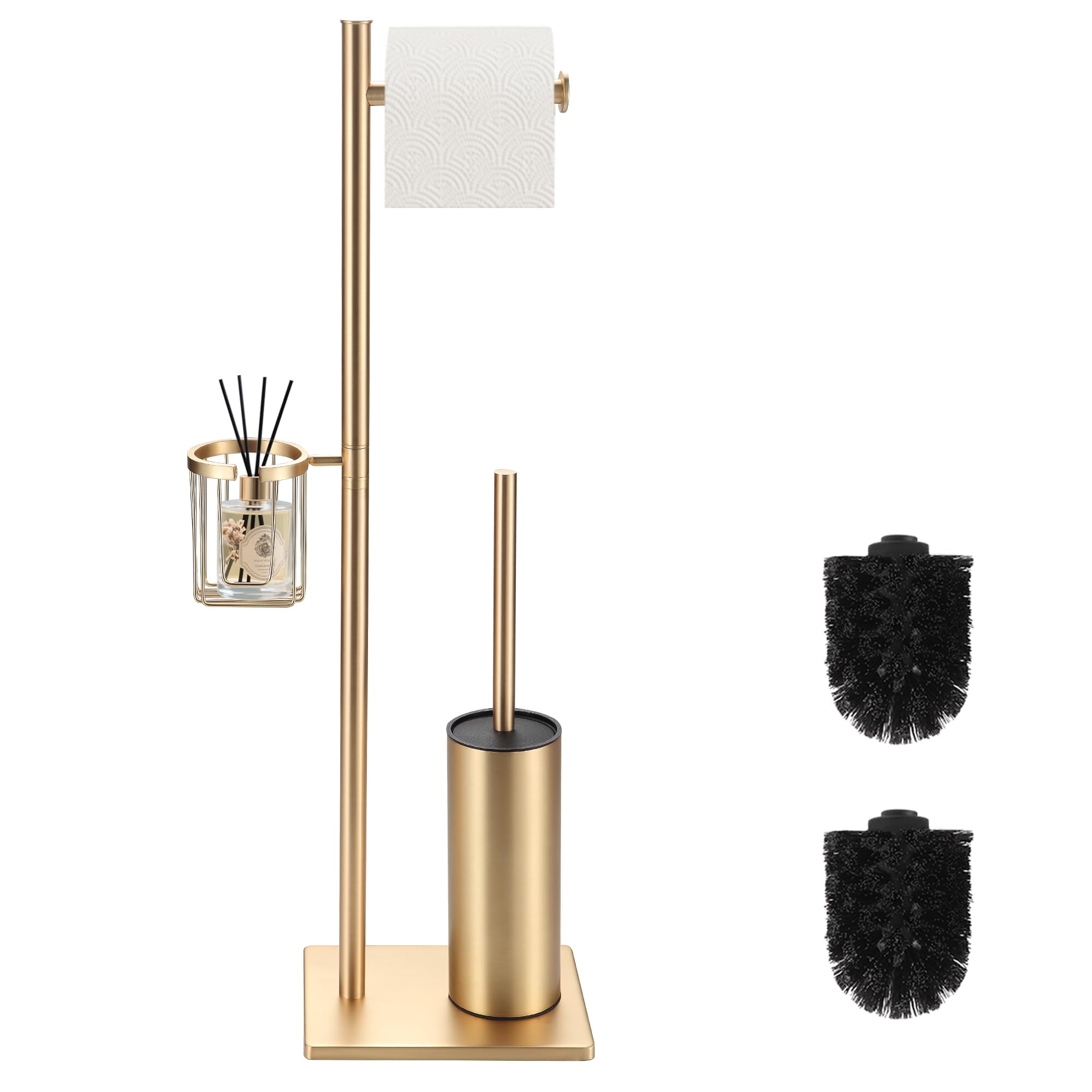 DAZI Klobürste mit Toilettenpapierhalter Set und praktischem Aufbewahrungskorb,WC-Bürste freistehend Edelstahl,3-in-1 Wc-Garnitur im minimalistischen und platzsparenden Design (Gebürstetes Hellgold)