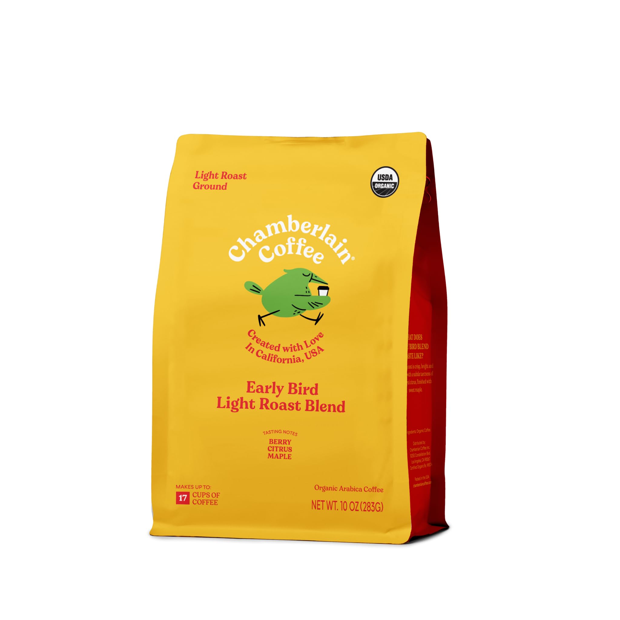 Chamberlain CoffeeEarly Bird Blend - Light Roast Ground Coffee Beans with Notes of Citrus, Caramel & Milk Chocolate - Specialty Ground Coffee Freshly Roasted In California - 10 ozUSDA Organic