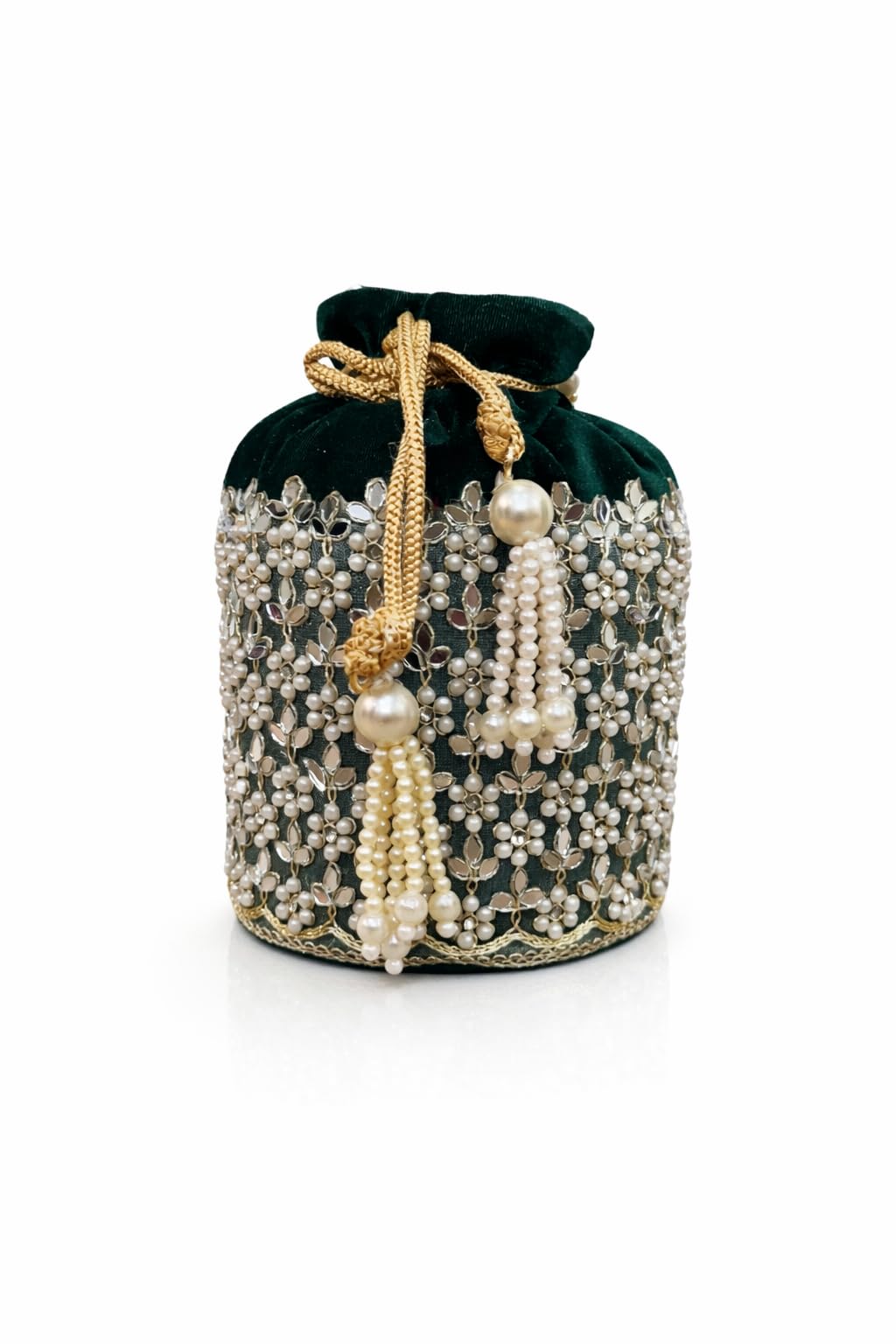 De Elmore Emerald Green Velvet Potli Bag for Women - Designer Bridal Wedding Handbag with Pearl & Mirror Work - Traditional Indian Ethnic Drawstring Clutch for Mehendi, Sangeet, and Festivals-picture-10