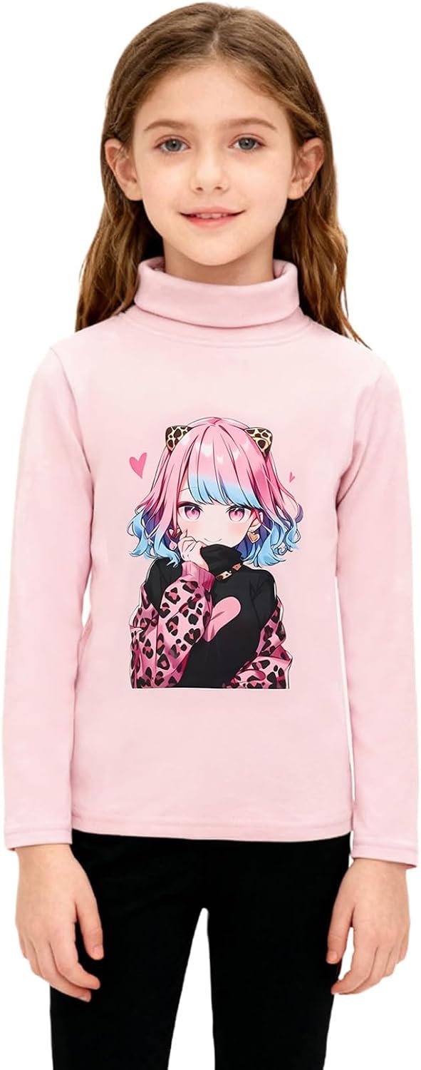 Kids Thermal Undershirt Girls High Neck Long Sleeve Fleece Shirt with Fun Cartoon Designs