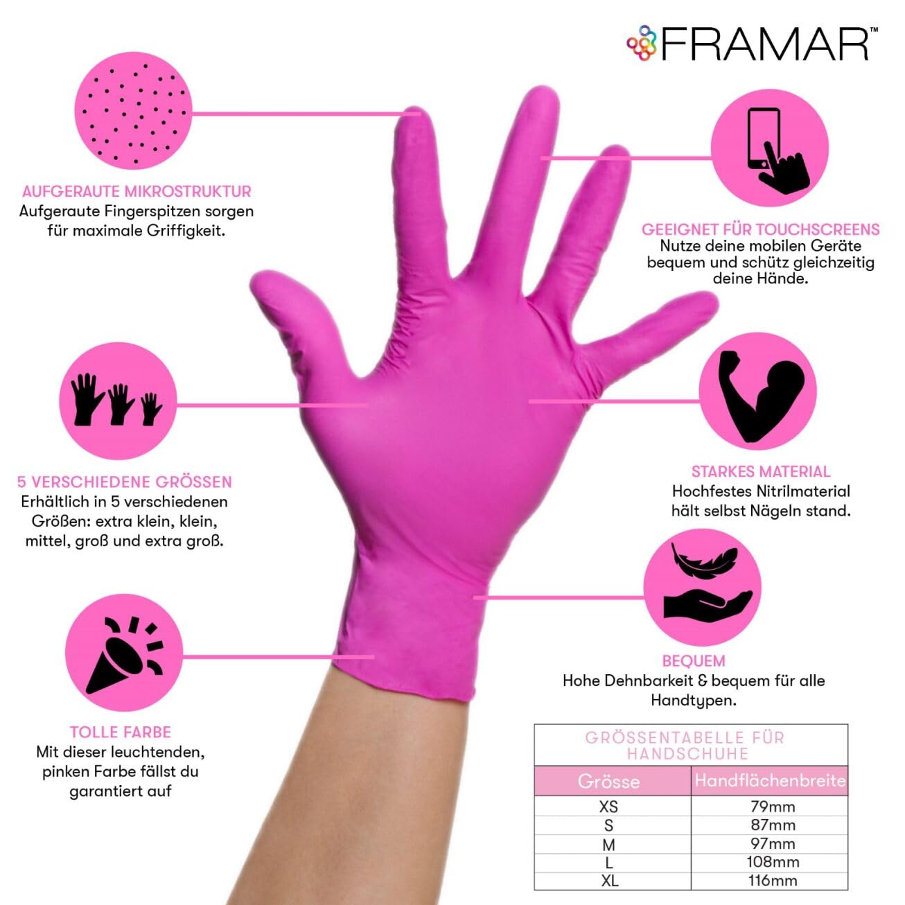 FRAMAR Einmalhandschuhe Pink, Nitrilhandschuhe S, latexfrei, 100 Stück