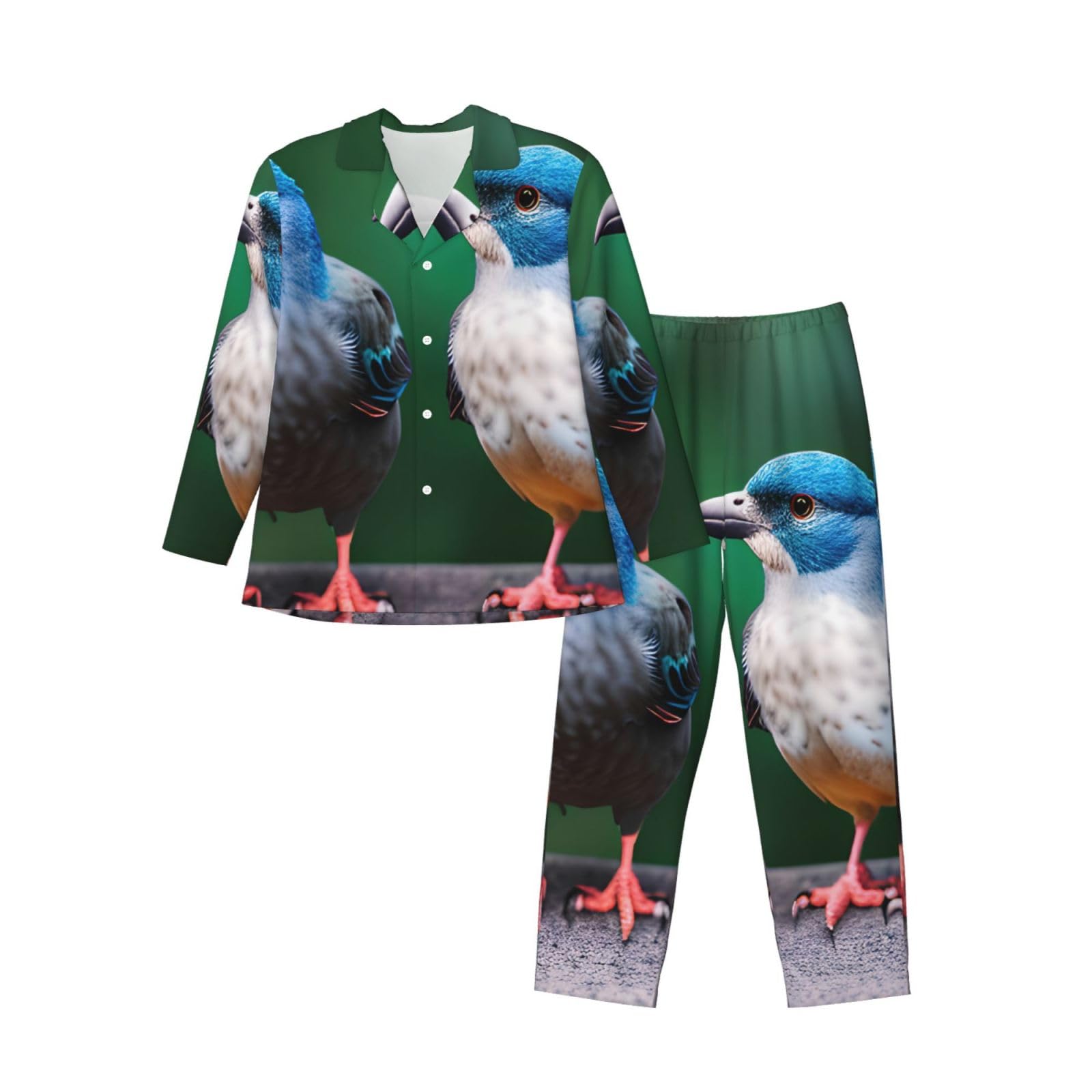 Zweiteiliges Pyjama-Set für Herren, langärmelig, mit zwei Vögeln, bequeme Nachtwäsche