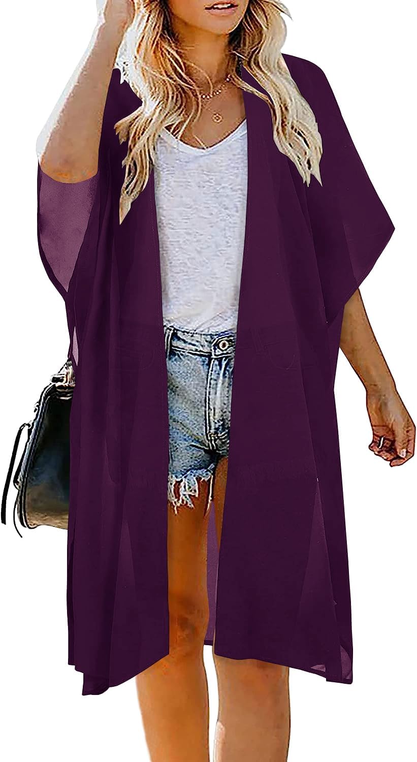 Indian Trendy Women's Solid Puff Sleeve Kimono Long Cardigan Loose Cover Up Casual Blouse Top Chiffon