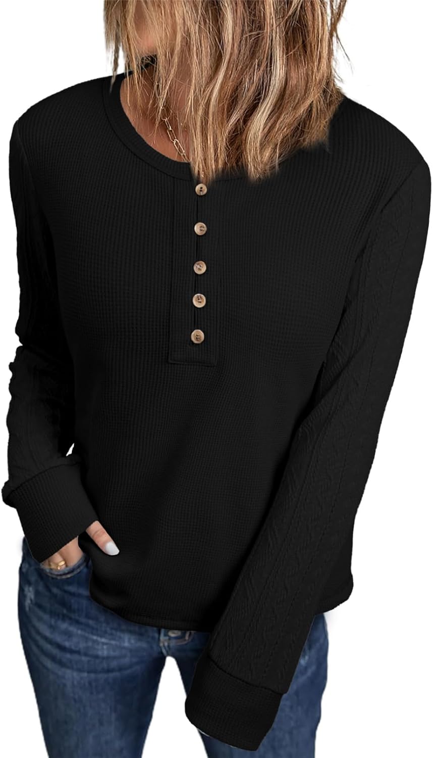 BLENCOT Womens Waffle Knit Tops Casual Long Sleeve Button Down Henley Basic Shirts - Image 2