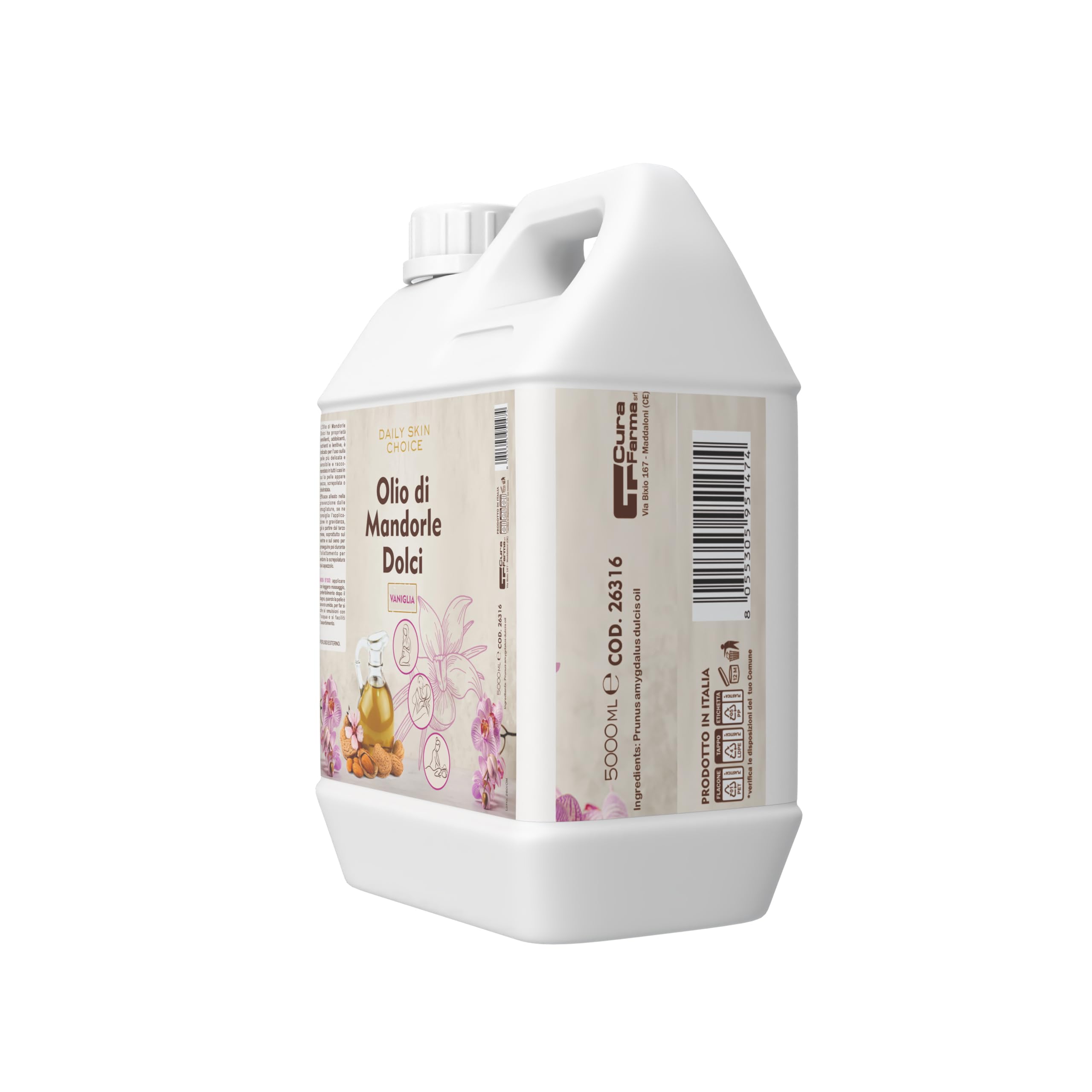 Olio di Mandorle Dolci al Profumo di vaniglia 5 L – Olio Corpo Emolliente e Nutriente per Massaggi, Post-Doccia e Post-Ceretta – Formato Professionale