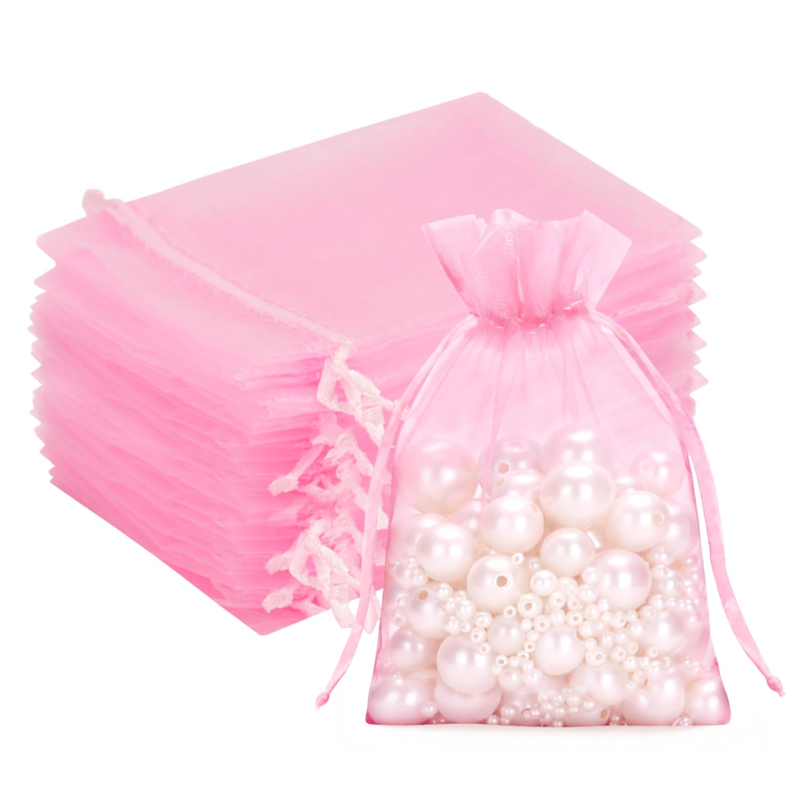 G2PLUS Pink Organza Gift Pouches, 7x9 CM Small Organza Favour Bags, 100 PCS Wedding Jewelry Bags, Clear Mesh Pouches Perfect for Wedding, Christmas, Birthday, Anniversary