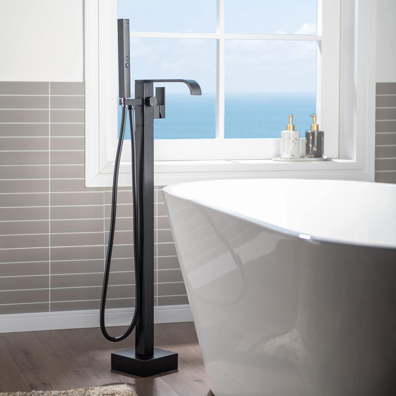 WOODBRIDGE F0037MB Contemporary Single Handle Floor Mount Freestanding Tub Filler Faucet with Hand shower in Matte Black Finish