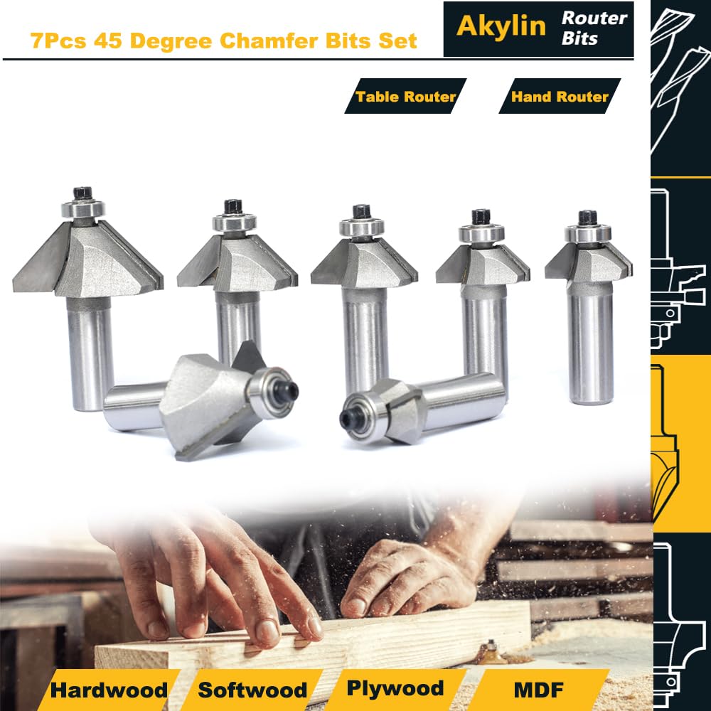 Snapklik.com : Akylin 7Pcs 45 Degree Chamfer Router Bit Set,1/2