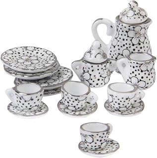 Dollhouse Decorations, Mini 1/12 Dollhouse Miniature Dining Ware Porcelain Tea Set Pot Cup Dish Set of 15 Daisy Pattern
