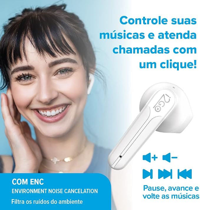 Mulher sorrindo utilizando o fone i2GO, exibindo interface de controle de música e função ENC