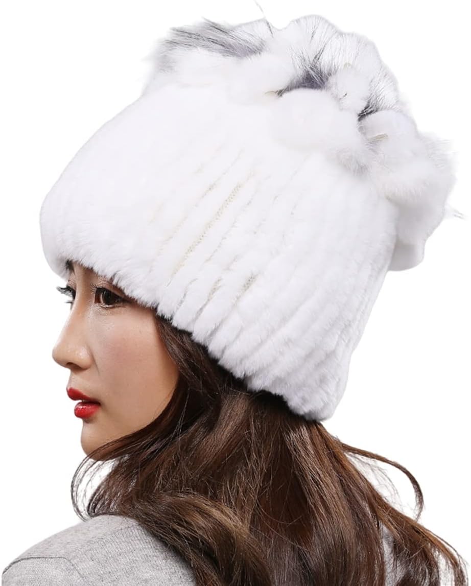 Women Knit Hat Genuine Rex Rabbit Hair Hat Winter Warm Elastic Skiing Cap Skullies with Flower Fashion