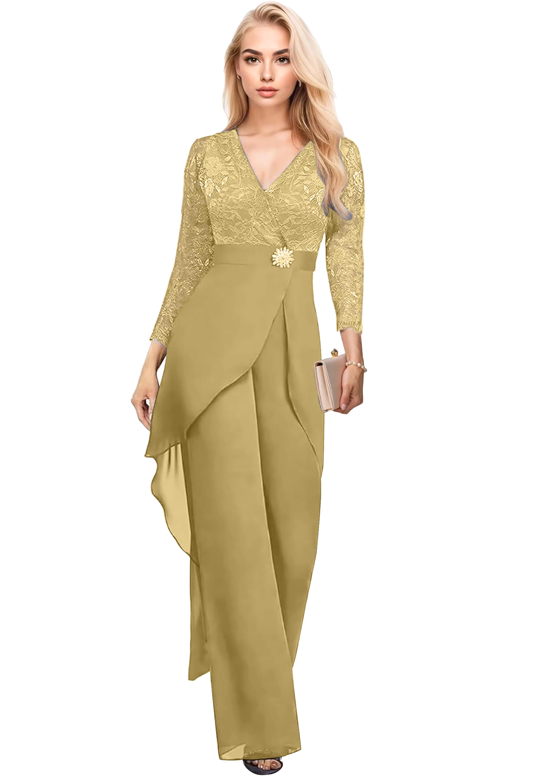 2 Pieces Lace Appliques Mother of The Bride Pant Suits for Wedding Long Women Formal Jumpsuits Set