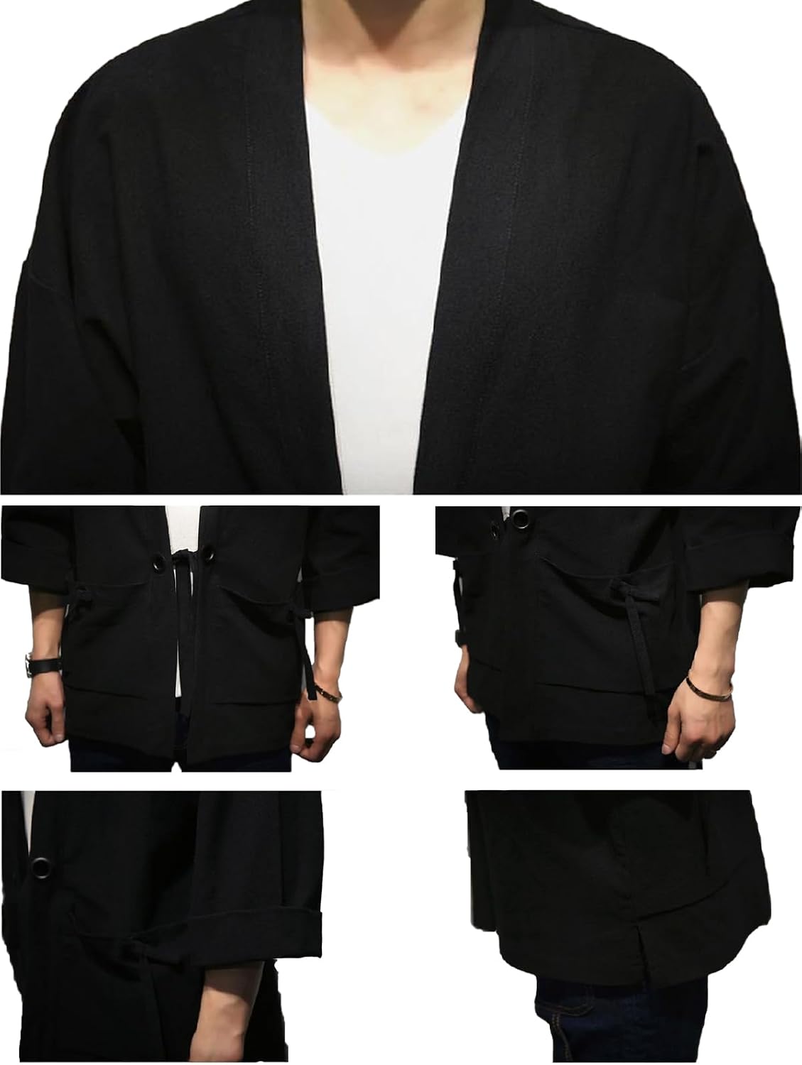 INVACHI Kimono Jacket for Men Solid Japanese Style Jacket Open Front Cardigan with Pockets