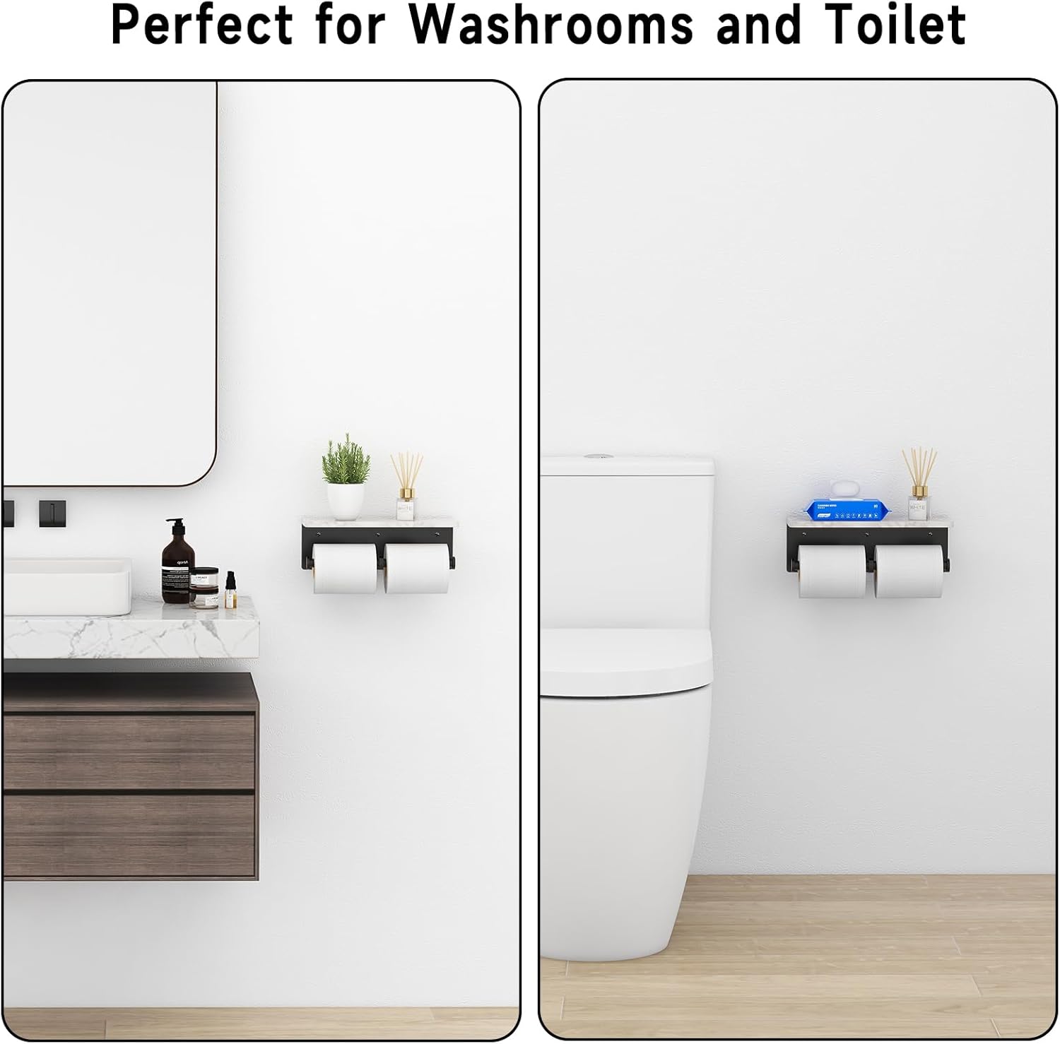 Marble Double Toilet Paper Holder with Shelf, Paper Towel Holder Wall Mount, Matte Black Toilet Paper Holder, Tissue Holder for Bathroom