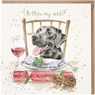 Artistic Male/Female Open Christmas Card from Wrendale Designs - is This My Seat? - Dog at Dinner Table - Sophisticated Gold Foil Finish - Christmas Card for Any Recipient (WRE-X074)