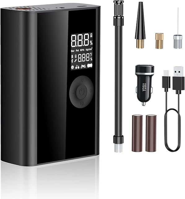 YOSH Tyre Inflator Digital Cordless Rechargeable, Air Tool Portable Mini Air Pump Compressor, Accurate Readings Auto-Off 4 Units Led Light for Car Motorcycle Bicycle Balls