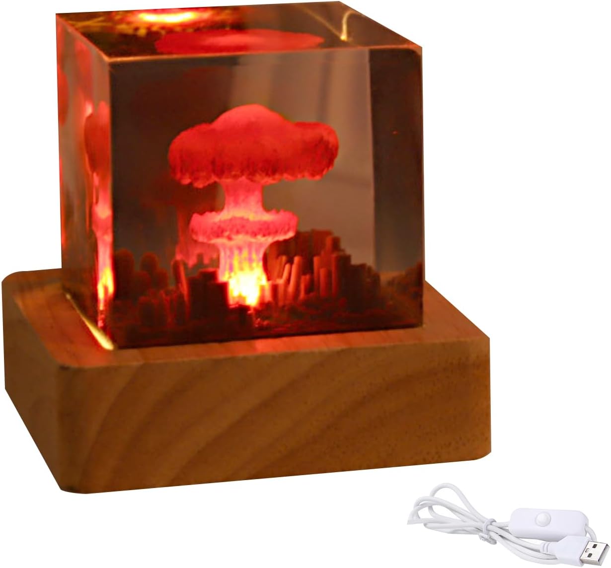cimsfcor Cubic Mushroom Cloud Night Light, Atomic Bomb Model Atmospheric Lamp Epoxy Resin Mushroom Cloud Nuclear Explosion Lamp with Wooden Base for Home Office (S)