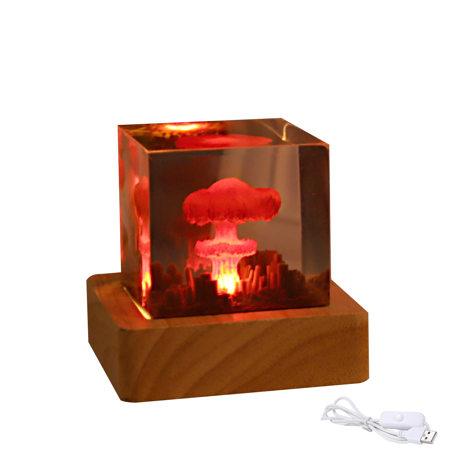 cimsfcor Cubic Mushroom Cloud Night Light, Atomic Bomb Model Atmospheric Lamp Epoxy Resin Mushroom Cloud Nuclear Explosion Lamp with Wooden Base for Home Office (S)
