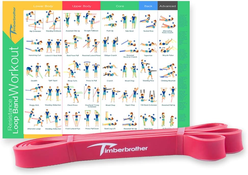 Timberbrother Pull up Assist Band with Workout Poster 16.5”x 22.4”, Stretch Resistance Bands Push up Bands for Body Stretching, Powerlifting, Resistance Training(Single Unit)