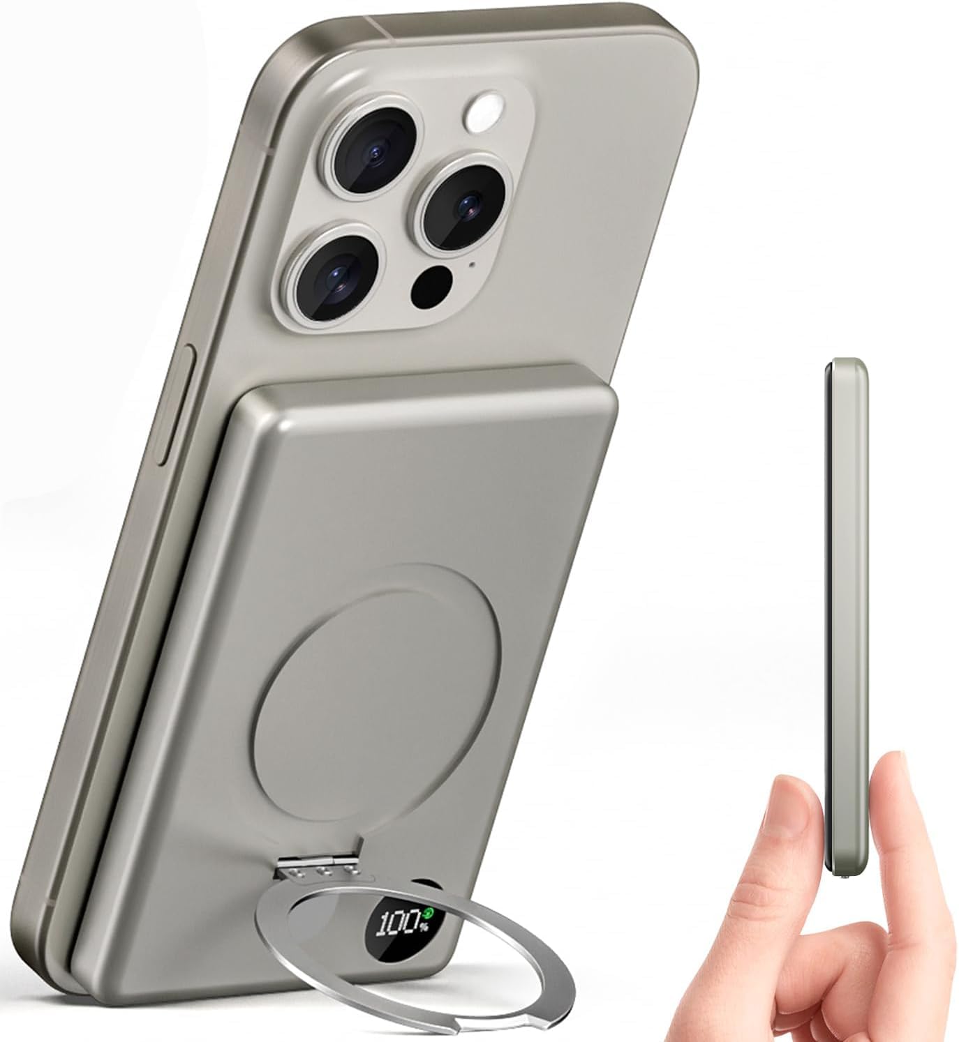 Kuulaa10000mAh Magnetic Power Bank with LED Display & Stand, PD 20W Fast Charging, Ultra Slim Portable Charger for iPhone 16/15/14/13/12, Magsafe Wireless Charger Battery Pack (Titanium)