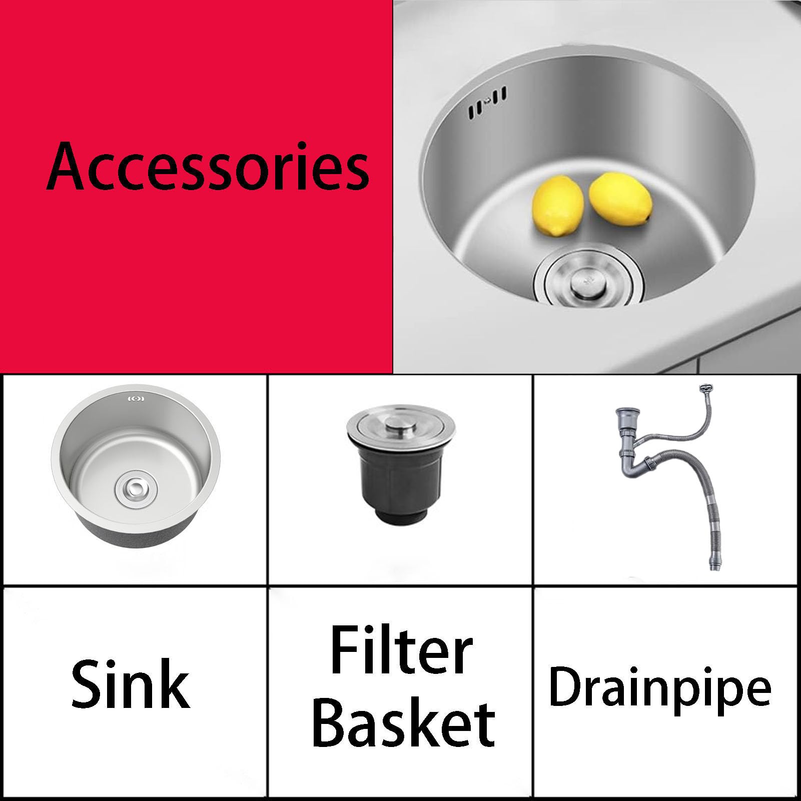 Fregadero pequeño de Acero Inoxidable de un Solo Seno, Color Plata, Redondo, Nano. Fregadero de Cocina con rebosadero y escurridor. Incluye Kit Completo de desagüe y Fijaciones. Mo