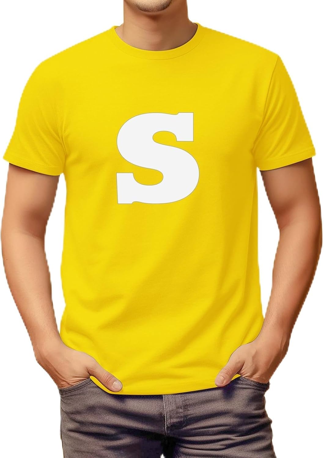 Letter M T-Shirt Halloween Group Costume with Iron on Letter DIY Funny Team Outfit for Couple Women Men Cosplay Bright Yellow X-Large