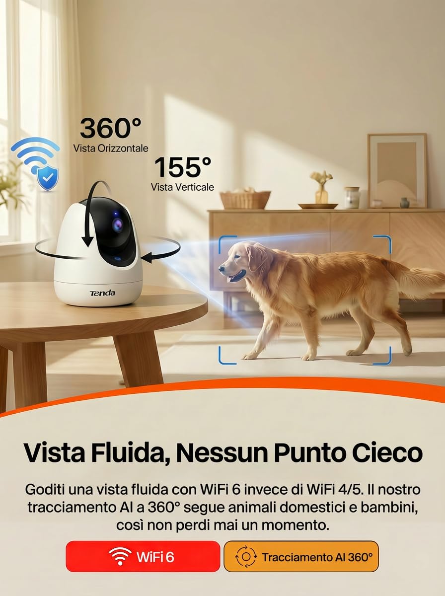 Tenda CP3 Pro Telecamera Wi-Fi Interno, 360° 2K Videocamera di Sorveglianza, Webcam di Sicurezza per Bambini/Anziani/Cani, Visione Notturna, Chiamata con un Tocco, Audio Bidirezionale, Wi-Fi 6