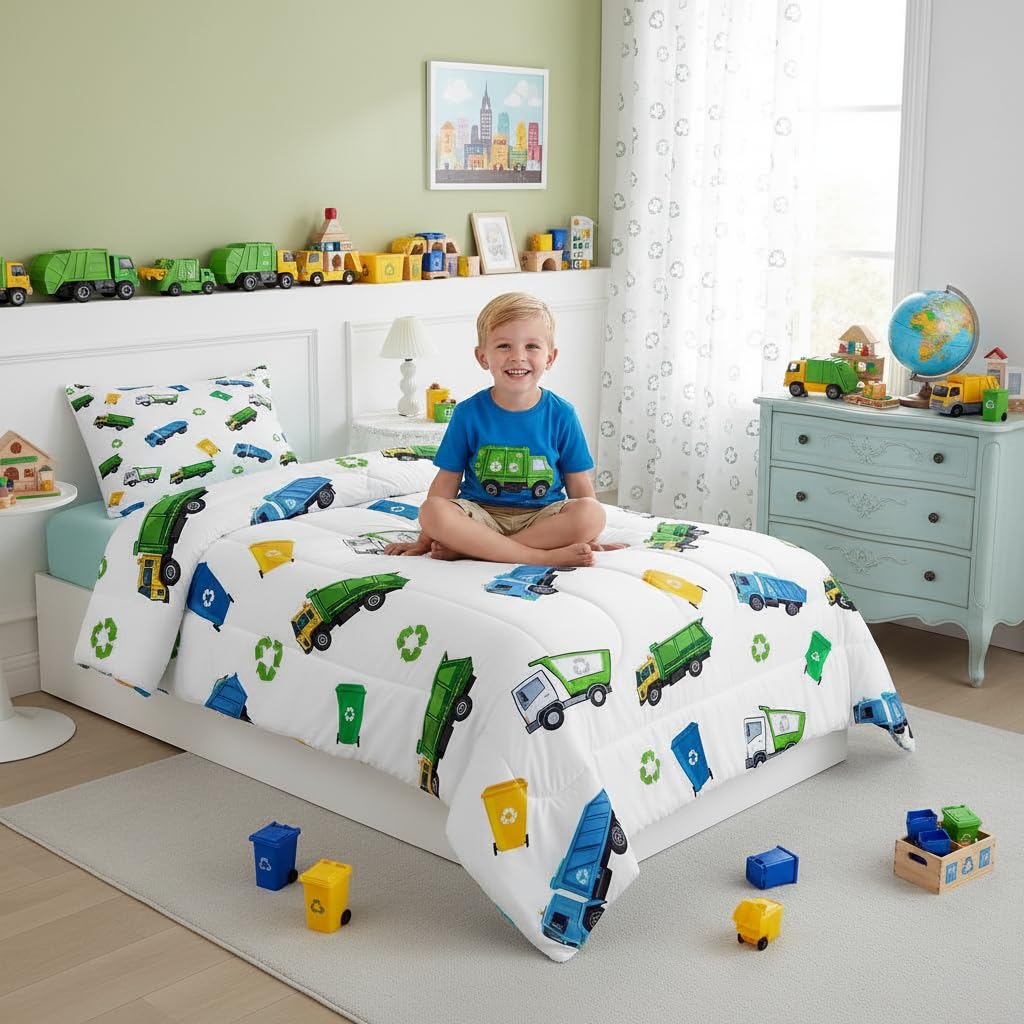 Juego de edredón de camión de basura, tamaño individual, juego de ropa de cama de coche de dibujos animados para niños, adolescentes, niñas, decoración de habitación infantil, suave, blanco, verde,