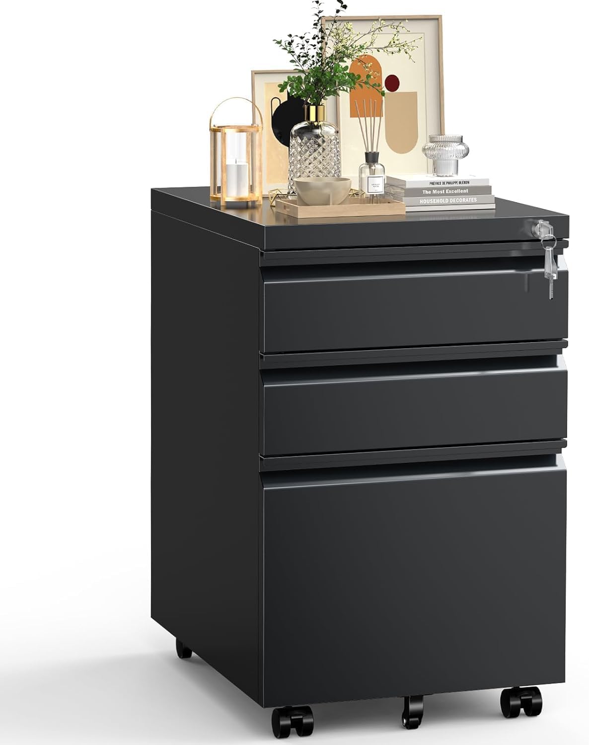 3 Drawer File Storage Cabinet, File Cabinets for Home Office, Metal Rolling Filing Cabinet, Locking File Cabinet for A4/Letter/Lagal Size, Fully Assembled, Matte Black