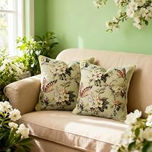 2Pcs 18x18in Green Vintage Embroidery Pillow Covers,Farmhouse Decoration Throw Pillowcase Spring Pillow Covers for Living Room, Bedroom