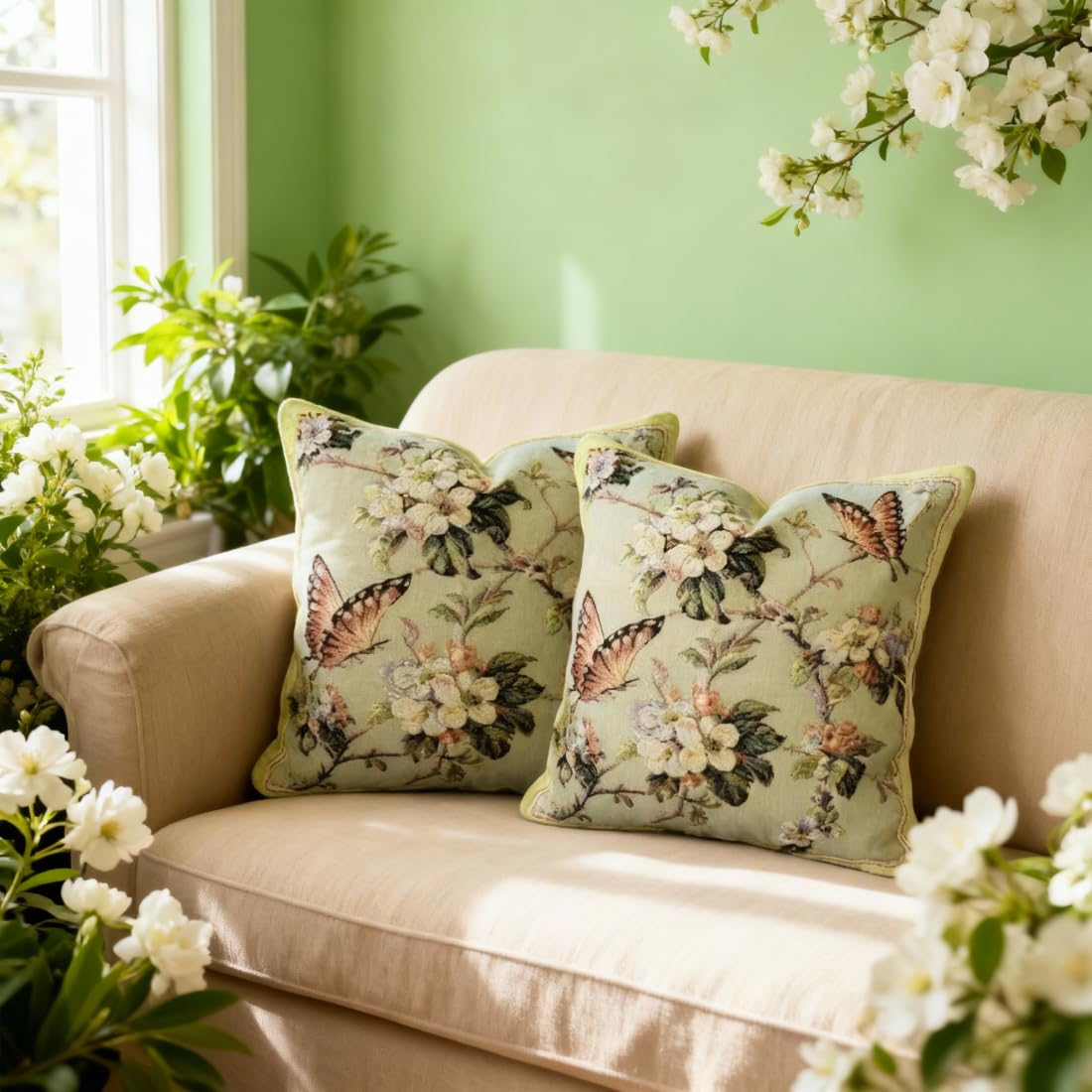Qupace 2Pcs 18x18in Green Vintage Embroidery Pillow Covers Floral Pillow Case for Sofa Couch,Farmhouse Decoration Throw Pillowcase Spring Butterfly