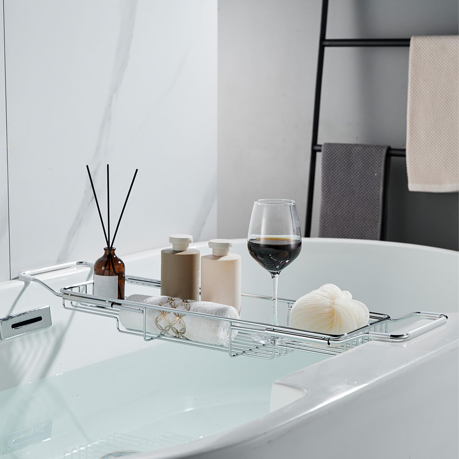 Badewannen-Caddy aus Edelstahl, erweiterbarer Badewannentablett, Tisch, verstellbares Badezimmer-Tablett, Badewannen-Organizer, Wannenregal, Silber, 67 - 89,9 cm