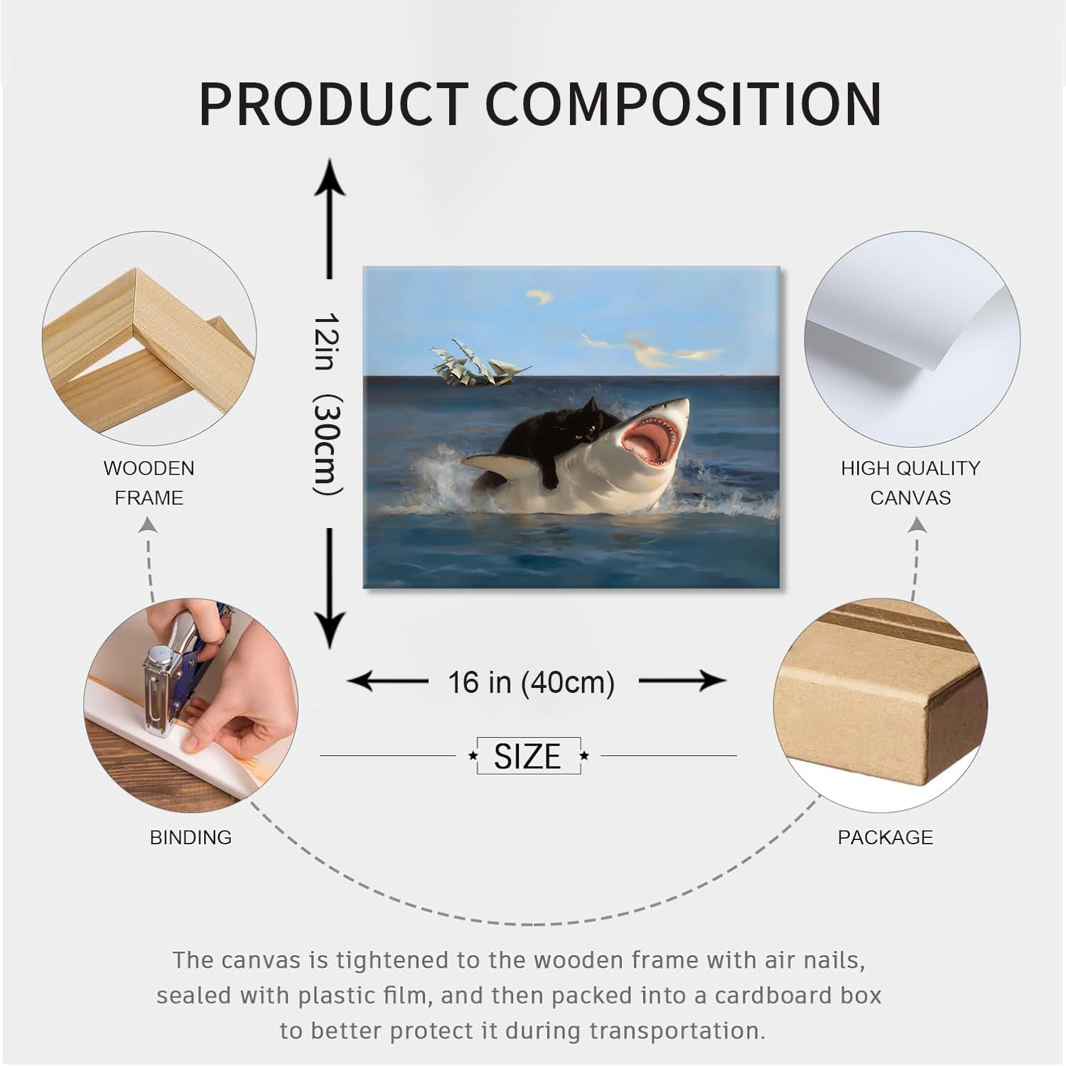 Yaneiro Framed Black Cat Bathroom Wall Art, Funny Quirky Cat and Shark Pictures Canvas Print, Abstract Black Cat Shark Posters Wall Decor for Room Bedroom Living Room Bathroom 12x16 in - Image 3