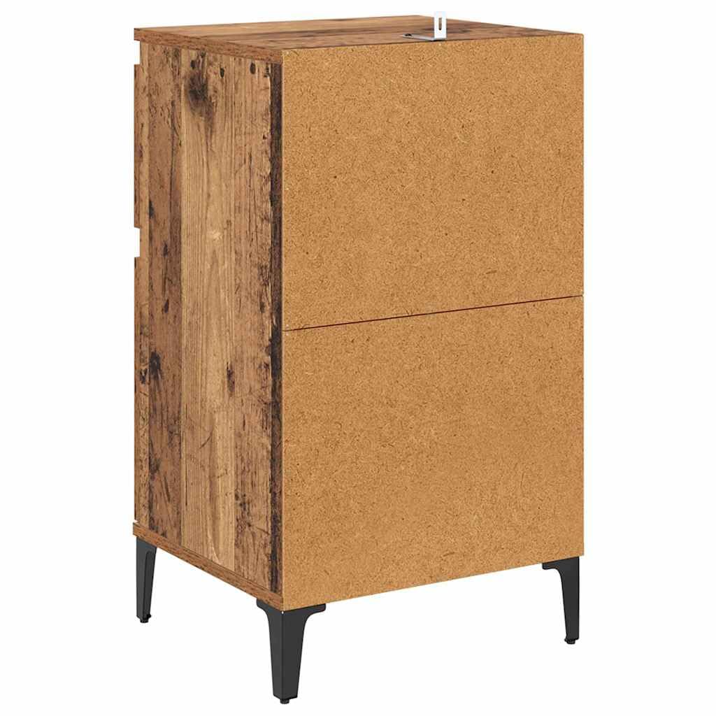 Juego de 2 mesitas auxiliares de madera con aspecto de madera envejecida | Mesas auxiliares compactas para el dormitorio con patas de acero resistentes y práctico cajón de diseño industrial.