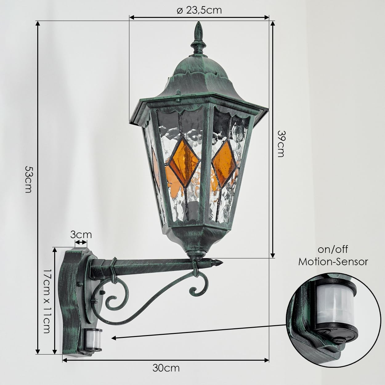 HOFSTEIN Außenwandleuchte Hongkong, Außenwandlampe mit Bewegungsmelder aus Metall/Glas in Schwarz/Grün/Klar/Orange, Wandleuchte außen Vintage/Antik/Landhaus, E27, IP44, Garten, Außenbereich, Haustür