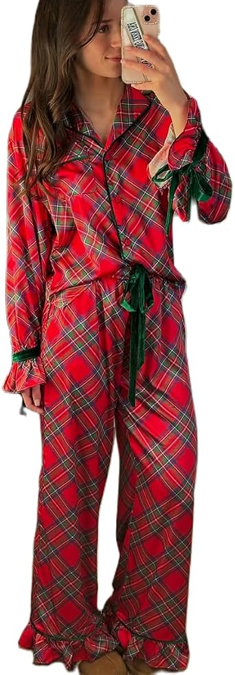 Women Plaid Christmas Pajamas Set Long Sleeve Button Down Bow Tie Striped Shirt 2 Piece Xmas Gingham Sleepwear