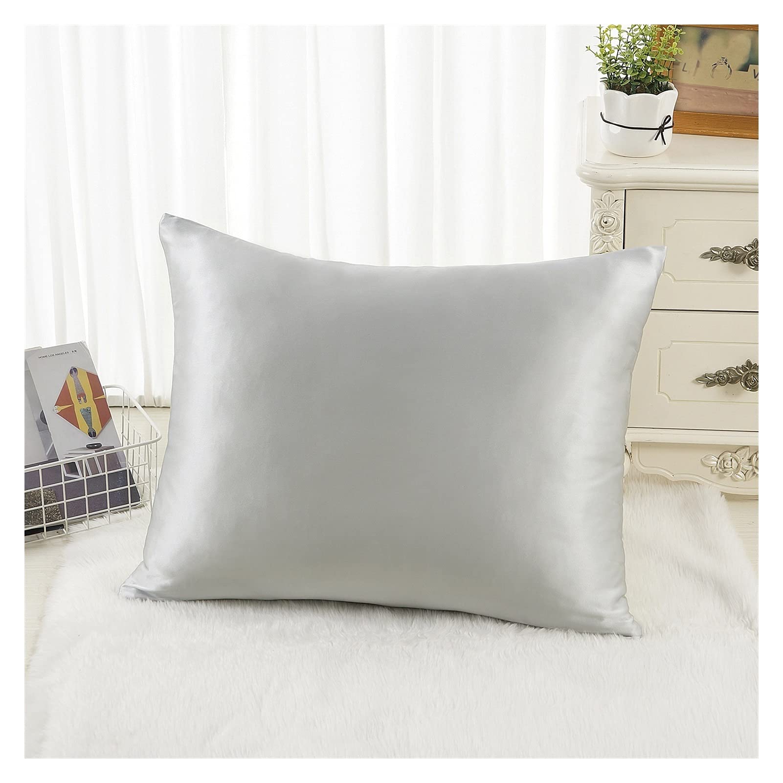 Fundas de Almohada de satén con Cremallera， Fundas de Almohada auténticas puras, 1 Pieza(Light Grey,K)