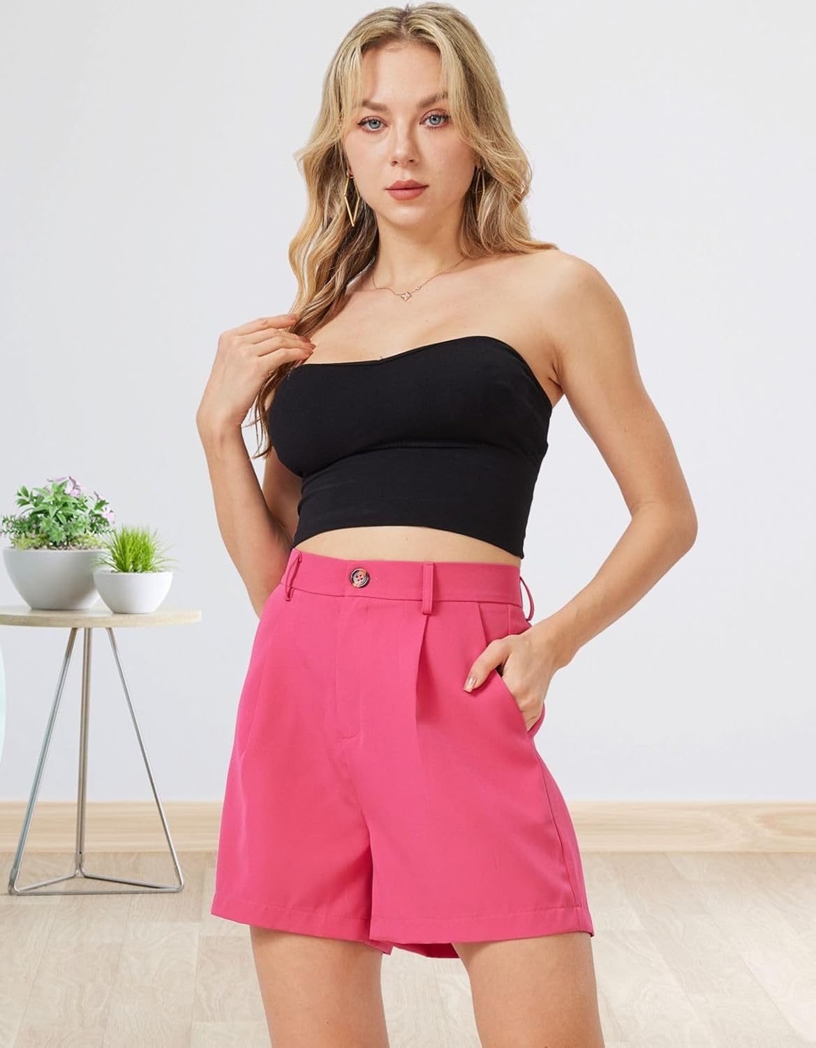 Women's Casual Pleated Dressy Business Work Shorts Elastic High Waisted Wide Leg with Pockets - Image 2