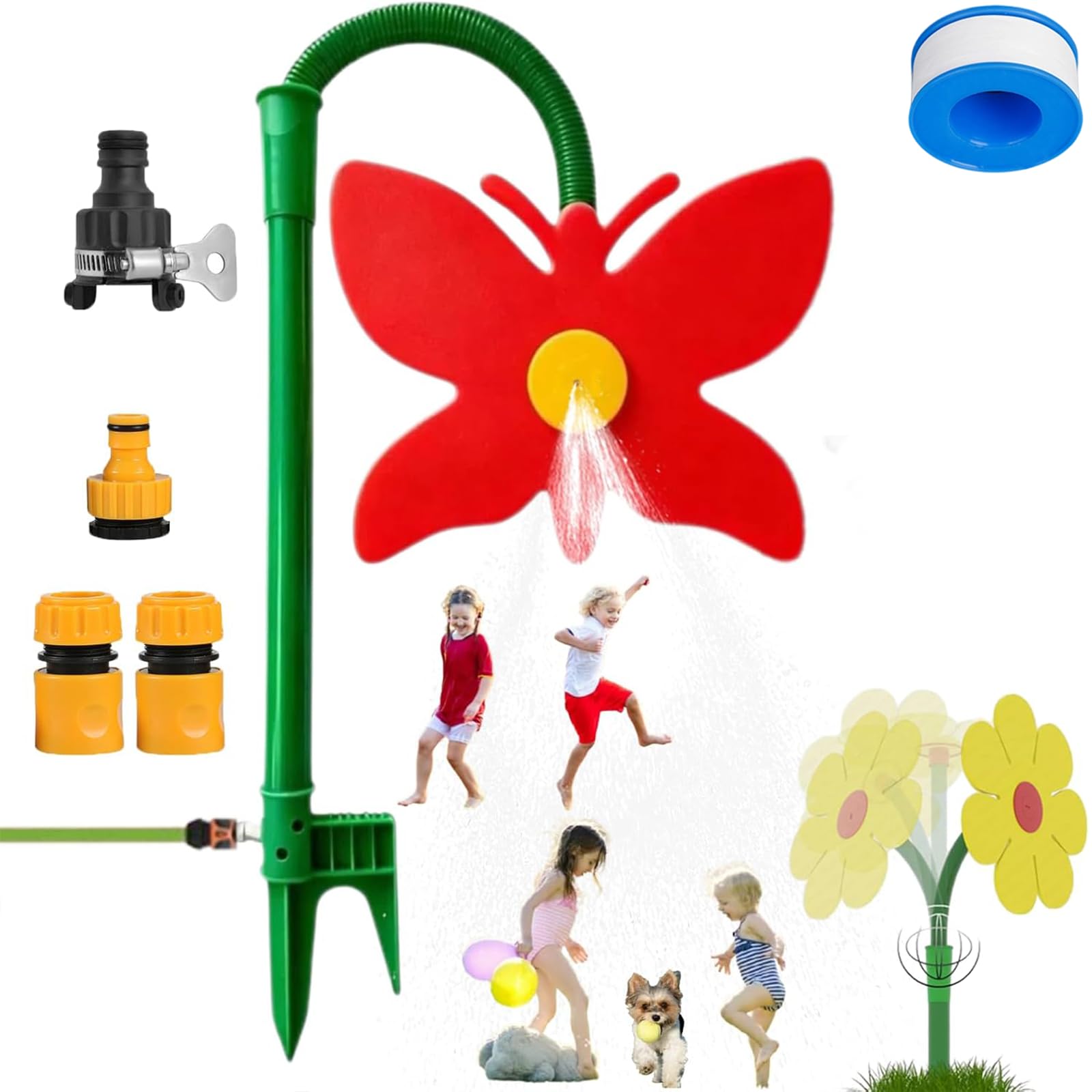 Crazy Daisy Sprinkler for Yard Watering and Kids Playing, 360° Rotating Dancing Flower Water Sprinkler, Spinning Sunflower Sprinkler with Durable Plastic Base for Dogs and Garden Irrigation (B-Red)