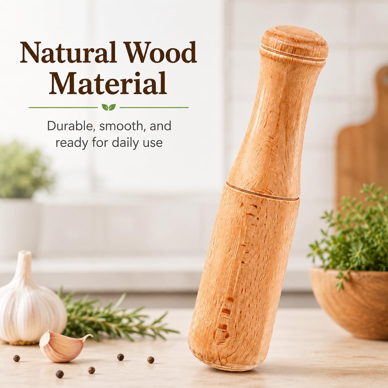 Wooden Pestle, 6.8-Inch Garlic Masher for Kitchen Use