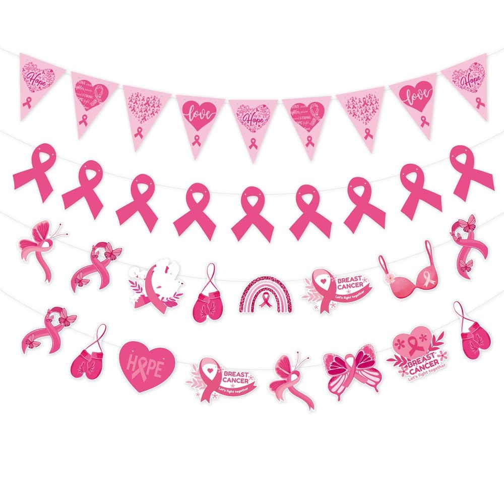 LTDKAEN Breast Cancer Awareness Party Decorations with Triangle and Pink Breast Cancer Awareness Banners
