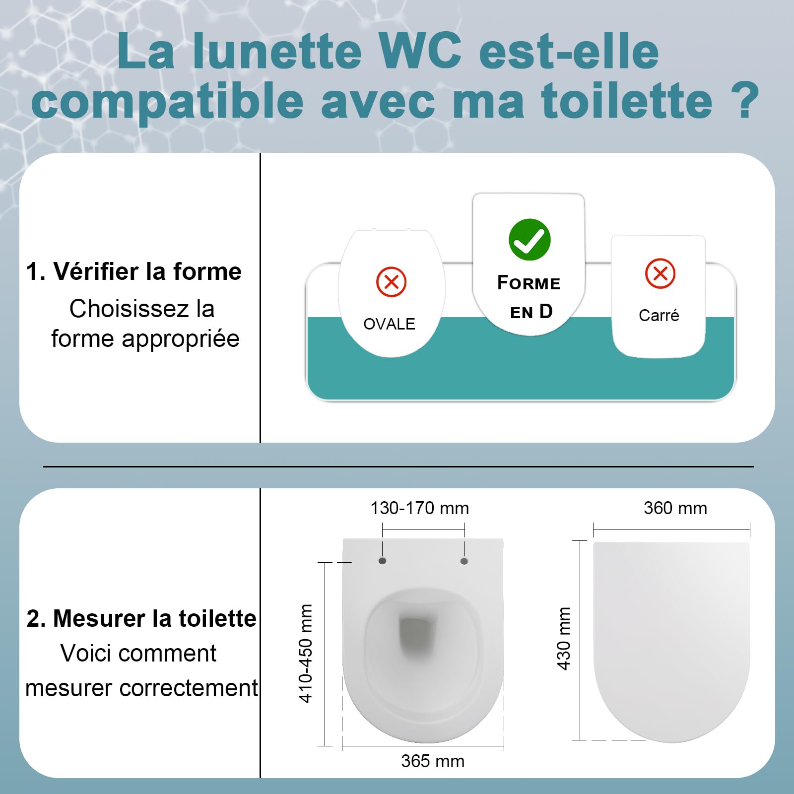 Abattant de WC avec système d'abaissement automatique, 430 x 360 mm, court en D, siège de toilette en forme de D, blanc, lunette de WC Soft Close