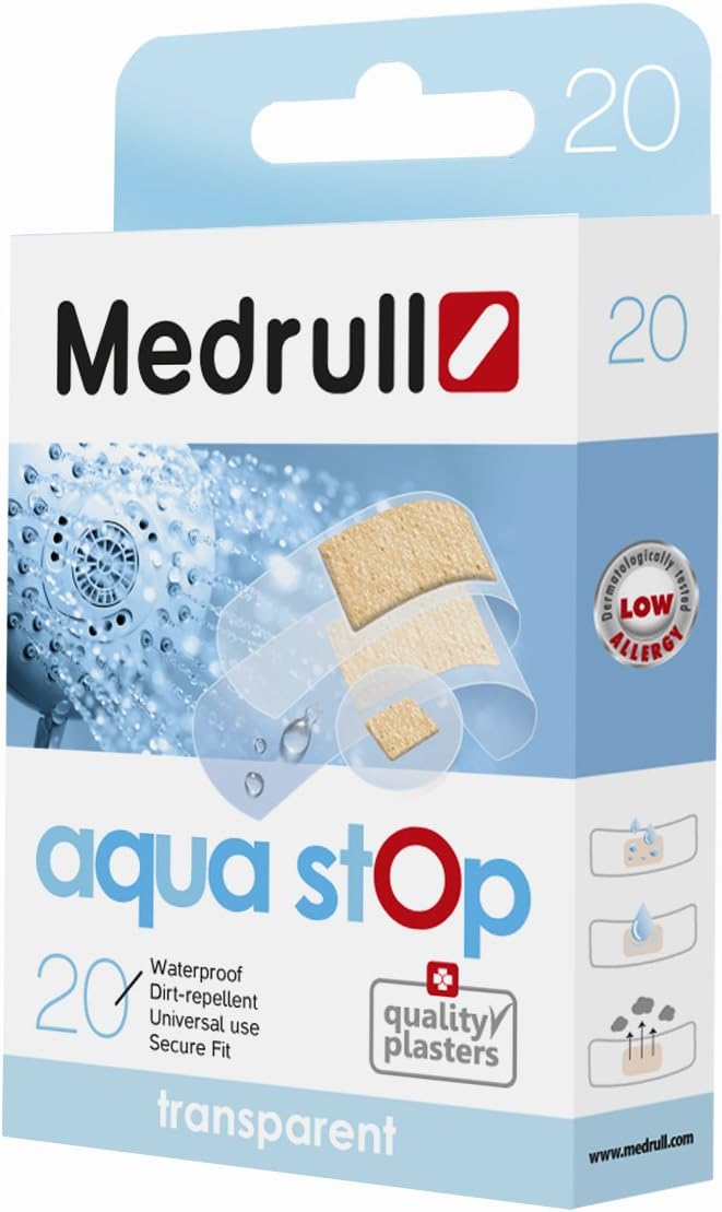 Medrull - Waterproof Transparent Plaster “Aqua Stop", Pack of 20 Assorted Plasters, Hypoallergenic, Breathable, Protect a Wound from Moisture and Dirt, Wound Pad with High Absorption.