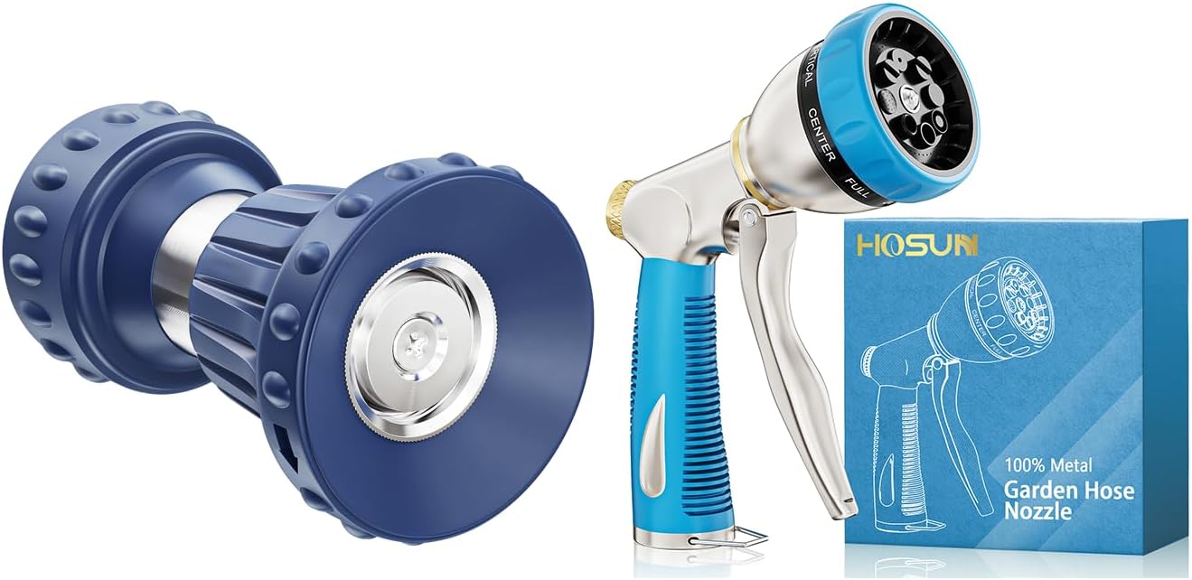 HOSUN Fireman Style Hose Nozzle & Garden Hose Nozzle Sprayer Heavy Duty, 100% Metal Water Hose Nozzle with 8 Spray Patterns, High Pressure Hose Spray Nozzle with Non-Slip Grip